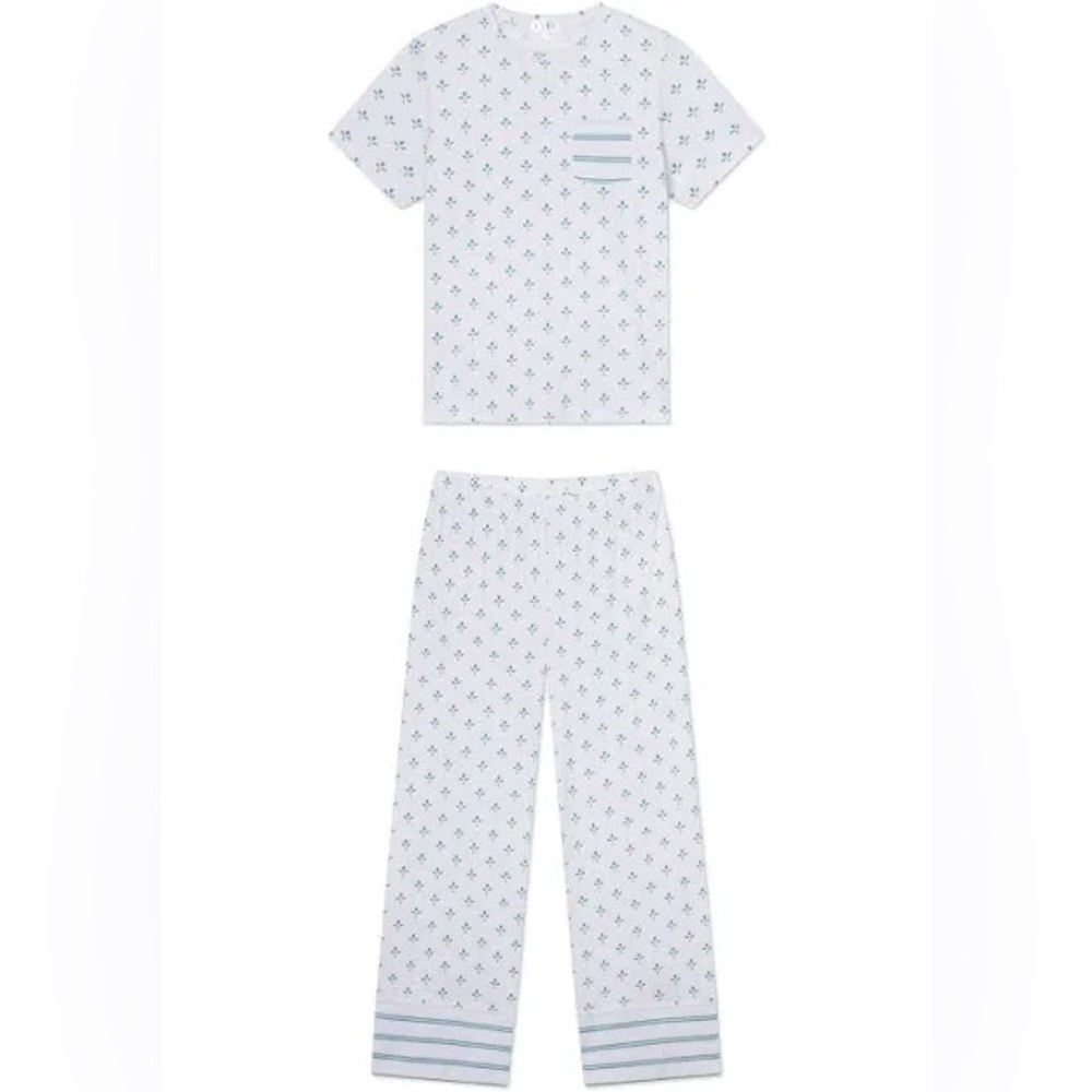 Lake | Pima Crew Wide Leg Pajama Set in Serene Blue Multi Blossom Large - Picture 2 of 10